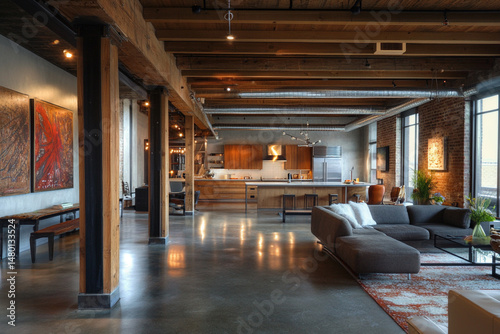 Loft apartment with exposed beams modern kitchen and comfortable seating area photo