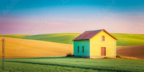 Minimalist Hand-Painted Countryside Architecture: Idyllic Rural Scene