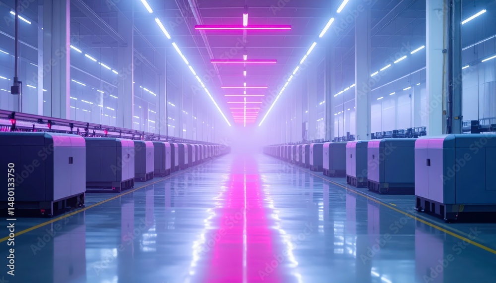 Fototapeta premium Futuristic Factory Interior with Neon Lights and Reflective Floor