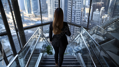 A woman wearing a black suit is walking up a set of stairs