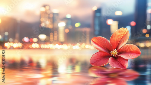 Close-up of a red bauhinia brooch on silk, golden light on petals, festive city backdrop - celebrating Hong Kong's establishment day with elegance.

