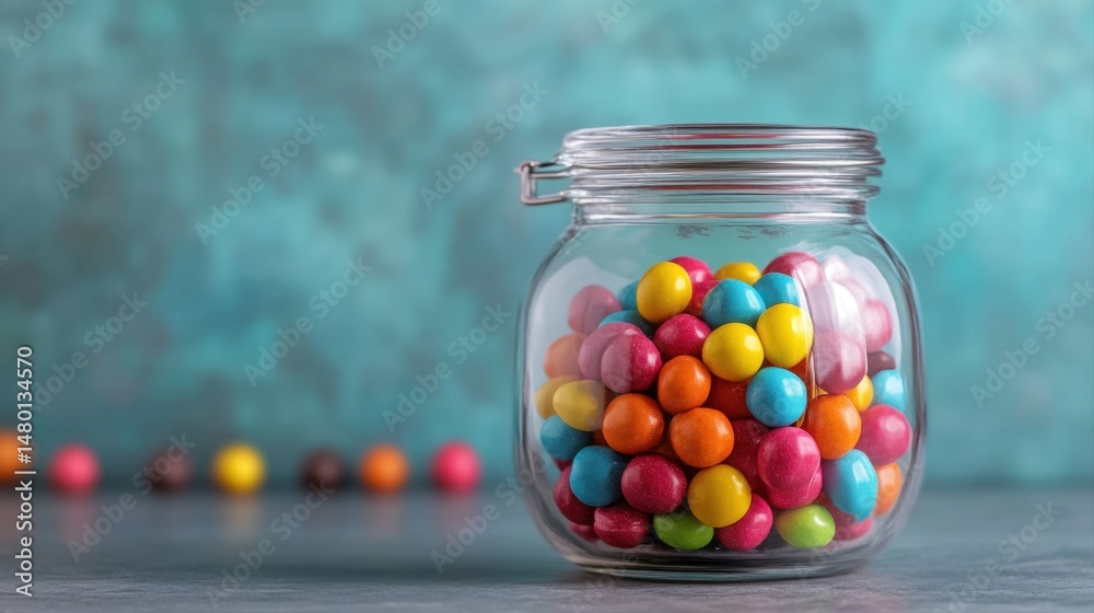 Colorful Candy Jar Filled with Bright Chewy Sweets on a Light Background Colorful Candy Jar Filled with Bright Chewy Sweets on a Light Background
