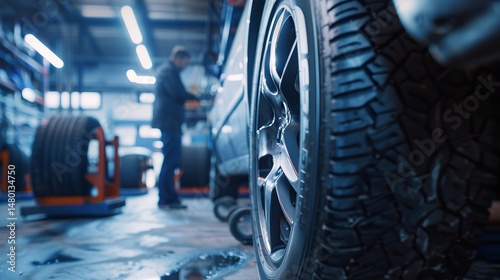 A car gets inspected by a technician in a auto repair centre and new tires are stacked on the shelf beside, Generative AI.