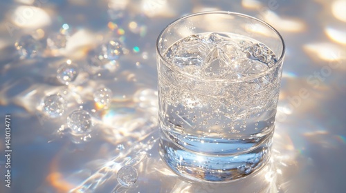 Wallpaper Mural Sparkling Water in Glass with Ice Cubes and Reflections on a Bright Background Torontodigital.ca