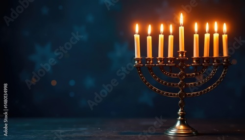 A brightly lit menorah with burning candles on a dark background , december, candles, golden