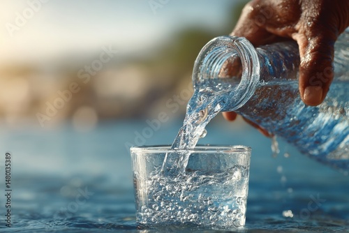 Clear, refreshing water being poured from a glass bottle into a sparkling tumbler against a blurred summer outdoor backdrop