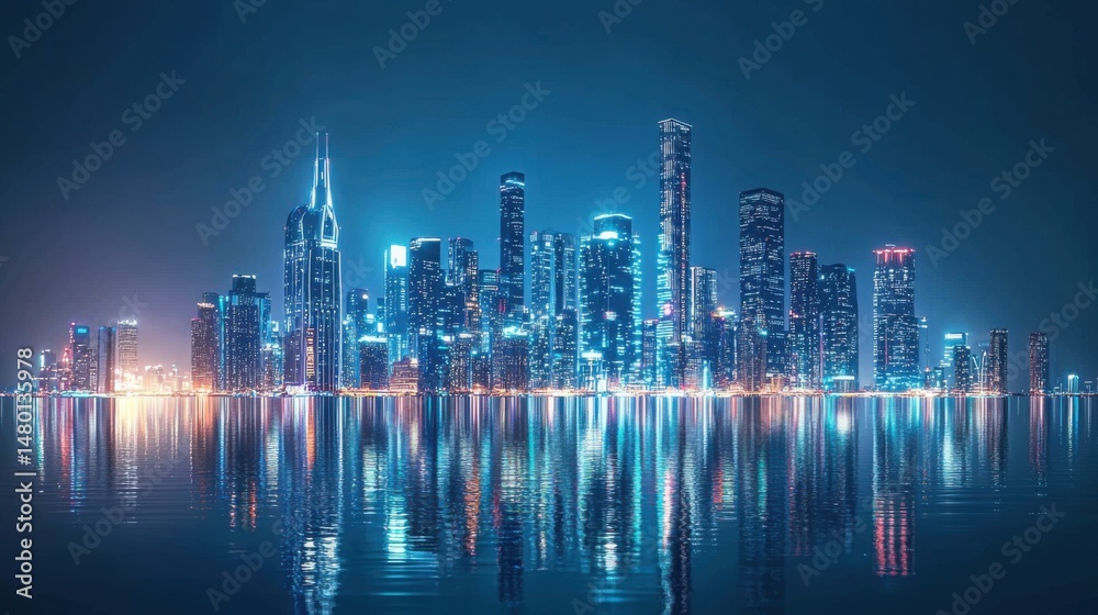Fototapeta premium Stunning Nighttime Cityscape Reflection Over Calm Water Surface