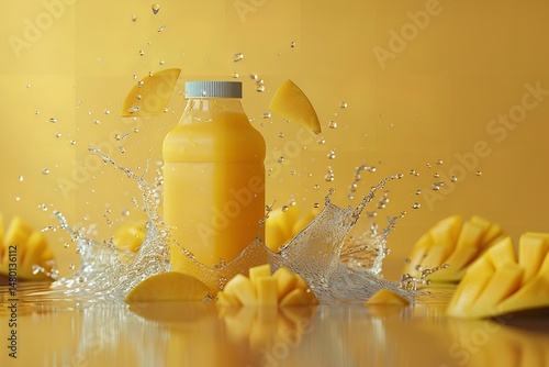 Commercial mock-up of a bottle or glass with refreshing mango smoothie and chopped mangoes, marketing design concept, Generative AI.
