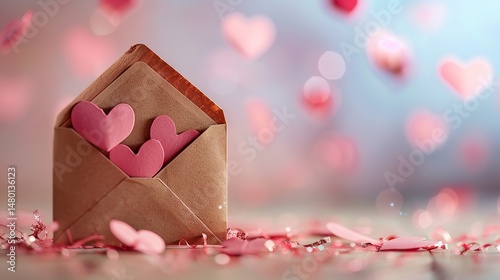 Paper-cut hearts with a romantic letter envelope against a delicate pink backdrop with content space, Generative AI.