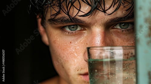 A young man with wet hair and sweaty skin gazes intensely while holding a glass of water close to his face.