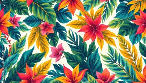 vivid tropical seamless pattern with stylized foliage and sunlight glow perfect for travel gear design and island resort branding