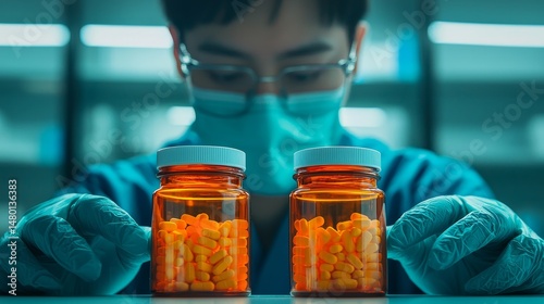 A scientist wearing gloves and a mask examines two jars filled with yellow pills in a laboratory setting.
