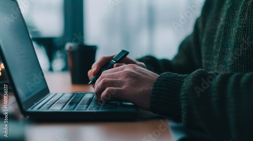 A person working on a laptop at a desk, holding a pen, in a cozy indoor setting with natural light.