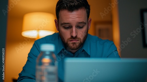 A man in a blue shirt works late at night on a laptop, illuminated by a warm lamp, with a water bottle in the foreground.