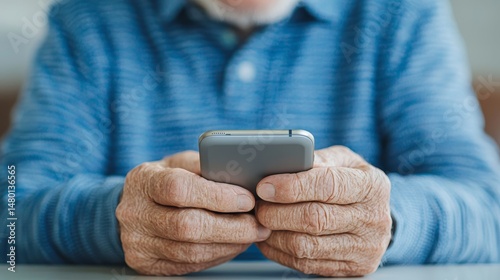 An elderly person in a blue sweater uses a smartphone, focusing on the hands and device.