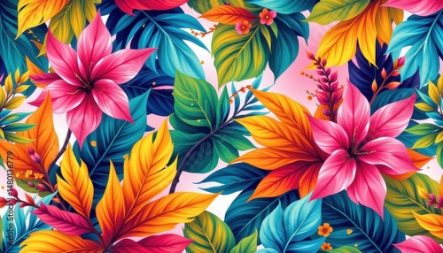 bright tropical seamless pattern with dynamic foliage movement and vibrant lighting designed for beachwear advertising and summer campaigns
