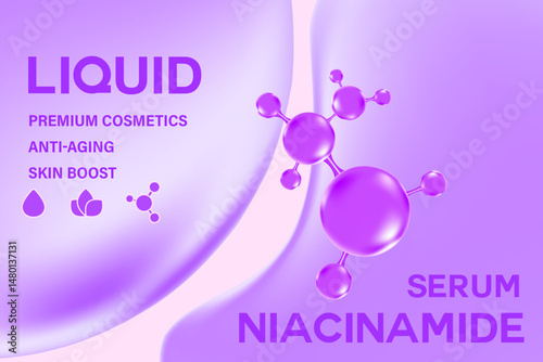 Abstract Niacinamide serum illustration, premium anti-aging cosmetic product backdrop. Glowing molecular structure, light purple background. Great for scientific beauty marketing, skincare banner