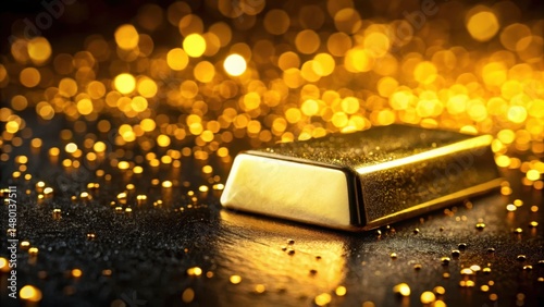 Expensive gold bar with deep bokeh effect on black background, shimmering, gold,  shimmering, gold, dark, metallic finish