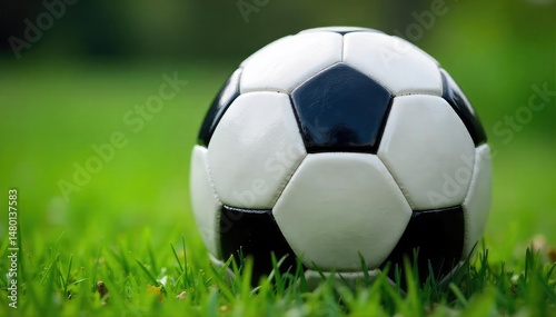 Close-up shot of a classic black and white soccer ball , texture, sport
