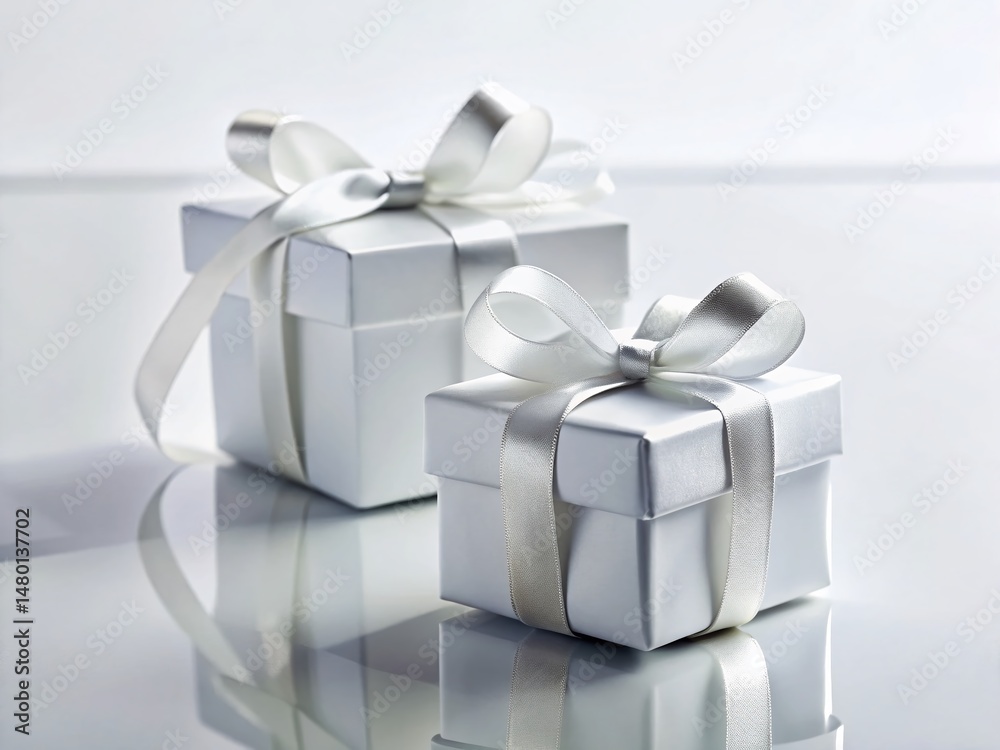 Obraz premium Minimalist White Gift Boxes with Shiny Ribbon on White Background - Elegant Holiday or Birthday Present