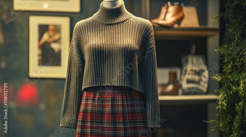 Stylish mannequin showcasing gray turtleneck sweater and plaid skirt ensemble