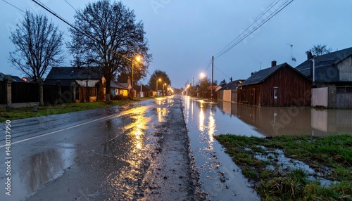 Calm Street Scene After Heavy Rain with Water Reflection at Dusk