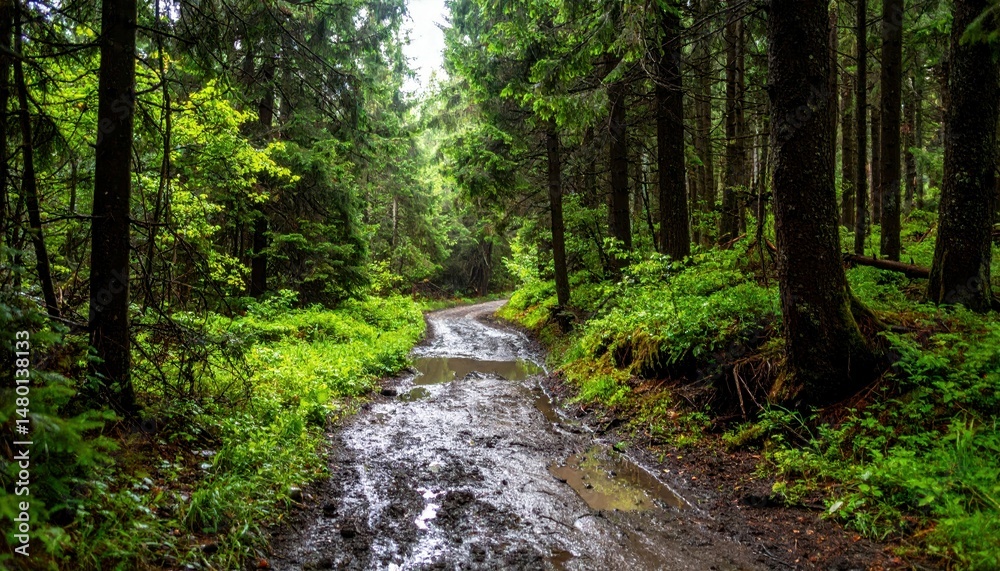 Fototapeta premium Muddy Hiking Trail Surrounded by Lush Green Trees and Foliage