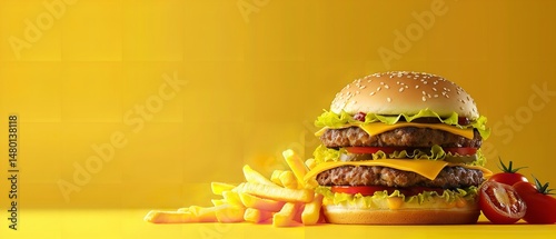 A box of fries with a tender double petty burger with cheese, fast food motif for marketing, Generative AI.
