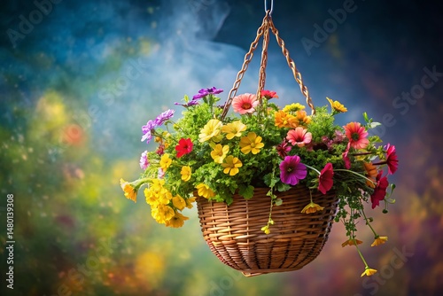 Modern Gradient Background Hanging Basket Floral Arrangement Stock Photo