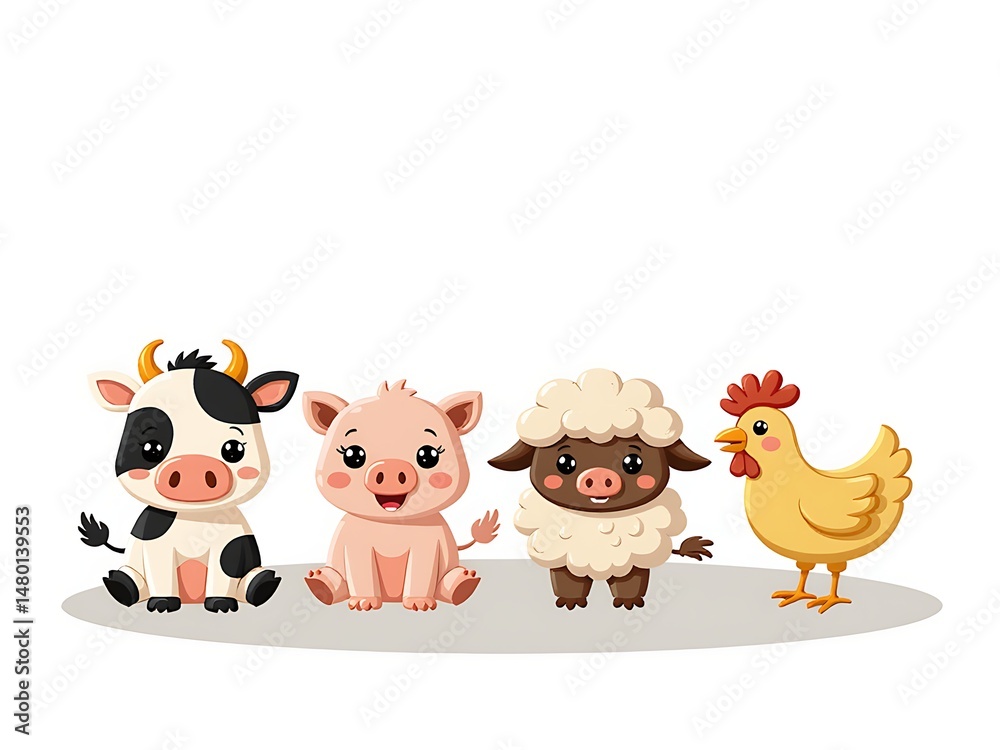 Fototapeta premium Colorful cartoon farm animals with soft rounded shapes in a sunny fiel
