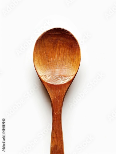 A single wooden spoon, natural grain texture, placed flat on white background, top-down view, soft diffused shadows, minimal and clean, high-detail 