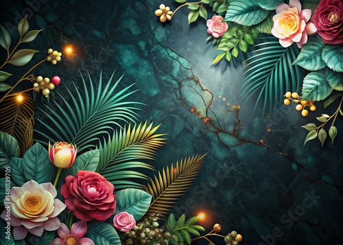 Modern Marble Botanical Illustration Night Backdrop - Elegant Dark Floral Pattern