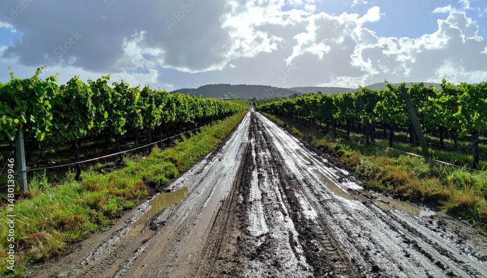 Fototapeta premium Muddy Road Through Lush Vineyard Under Dramatic Cloudy Sky