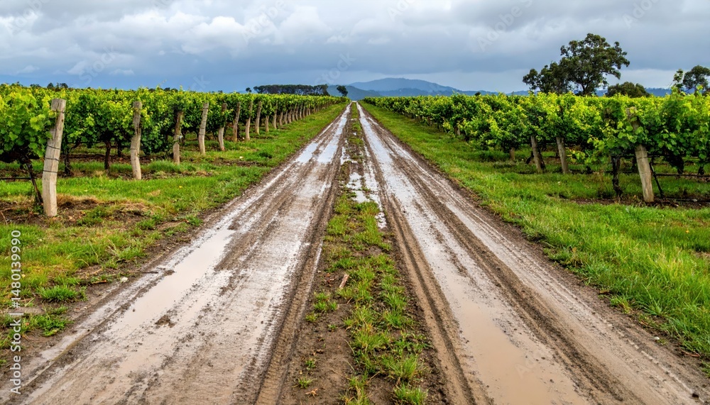Fototapeta premium Muddy Road Through Lush Vineyard After Rainy Weather in Scenic Hills