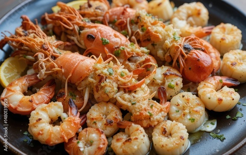 A lavish spread of grilled shrimp, lobster tails, and scallops with lemon wedges and garlic butter sauce on a dark ceramic plate.