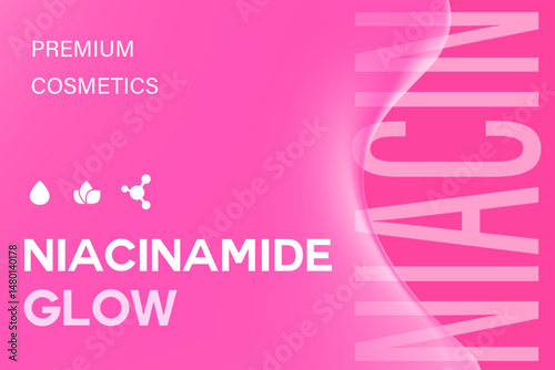 Abstract pink Niacinamide serum, premium anti-aging cosmetics illustration with abstract liquid shapes, molecular structure. Ideal for beauty blogs, cosmetic packaging, and marketing materials.