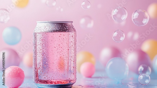 Refreshing Pink Drink in a Chilled Can Surrounded by Colorful Bubbles and Pastel Balls on a Soft Background