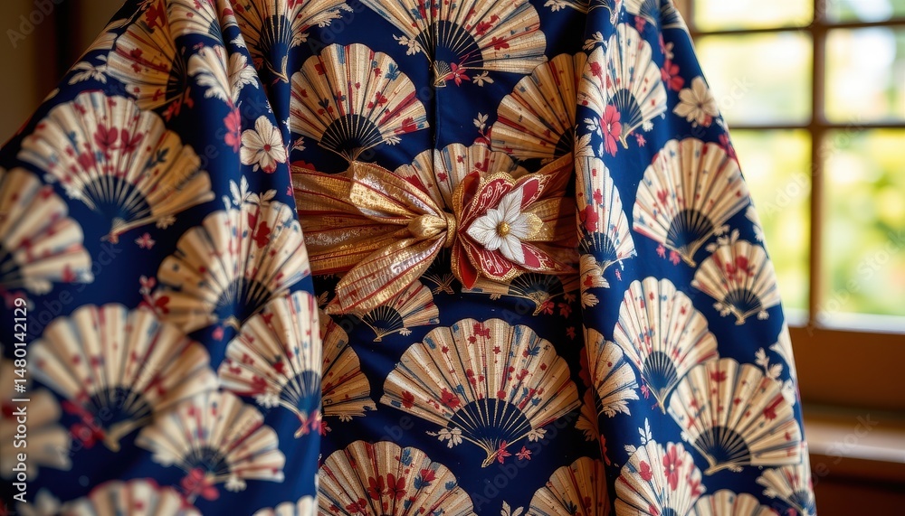 Fototapeta premium traditional japanese kimono with gold fan patterns captured in natural light to showcase the elegance and texture