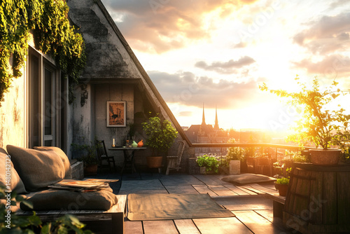 Rooftop terrace sunset city view plants furniture relaxation