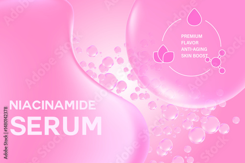 Abstract light pink Niacinamide serum, premium anti-aging cosmetics illustration with abstract liquid shapes, molecular structure. Ideal for beauty blogs, cosmetic packaging, and marketing materials.