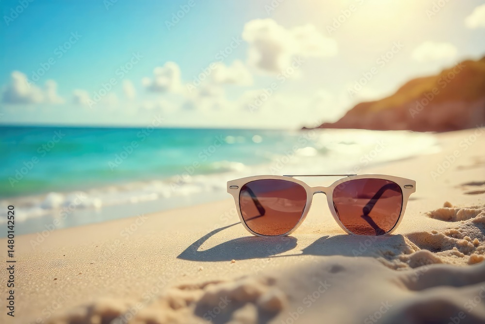 Stylish sunglasses on sandy beach, ocean view, fun, sand, tropical Stylish sunglasses on sandy beach, ocean view, fun, sand, tropical
