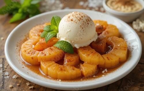 Caramelized pineapple slices with cinnamon and a scoop of vanilla ice cream, garnished with mint leaves for a refreshing contrast