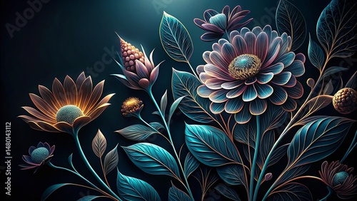 Night Bloom: Vintage Line Art Floral Design, Modern Aesthetic Stock Photo