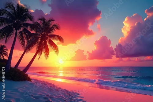 White sand  palm trees silhouetted against a vibrant sunset  seascape  holiday  red