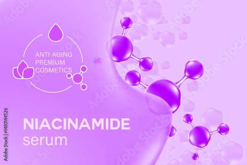 Glowing light purple niacinamide cosmetic serum background with abstract flowing liquid shapes, 3D molecular structure. Aesthetic premium beauty, anti-aging product or cosmetic ingredients banner.
