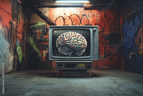 Vintage television displaying a colorful brain in a graffitied alleyway