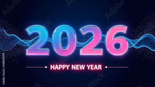 Futuristic 2026 New Year greeting with glowing neon pink and blue numbers and waves.
