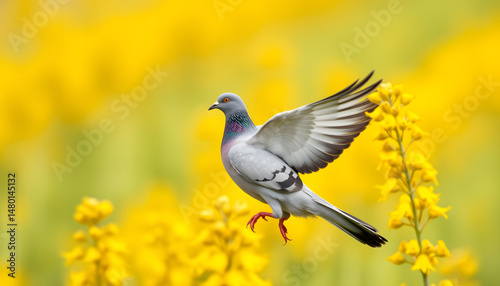 Soaring racing pigeon amidst a vibrant sea of golden oilseed rape, mindfulness theme. with white shades