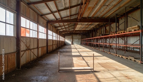 Expansive Empty Warehouse Interior with Sunlight Shadows and Shelving