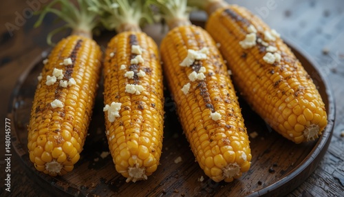 Golden corn grilled with a slight char, brushed with herb butter, and sprinkled with chili flakes, shot against a rustic wooden table.